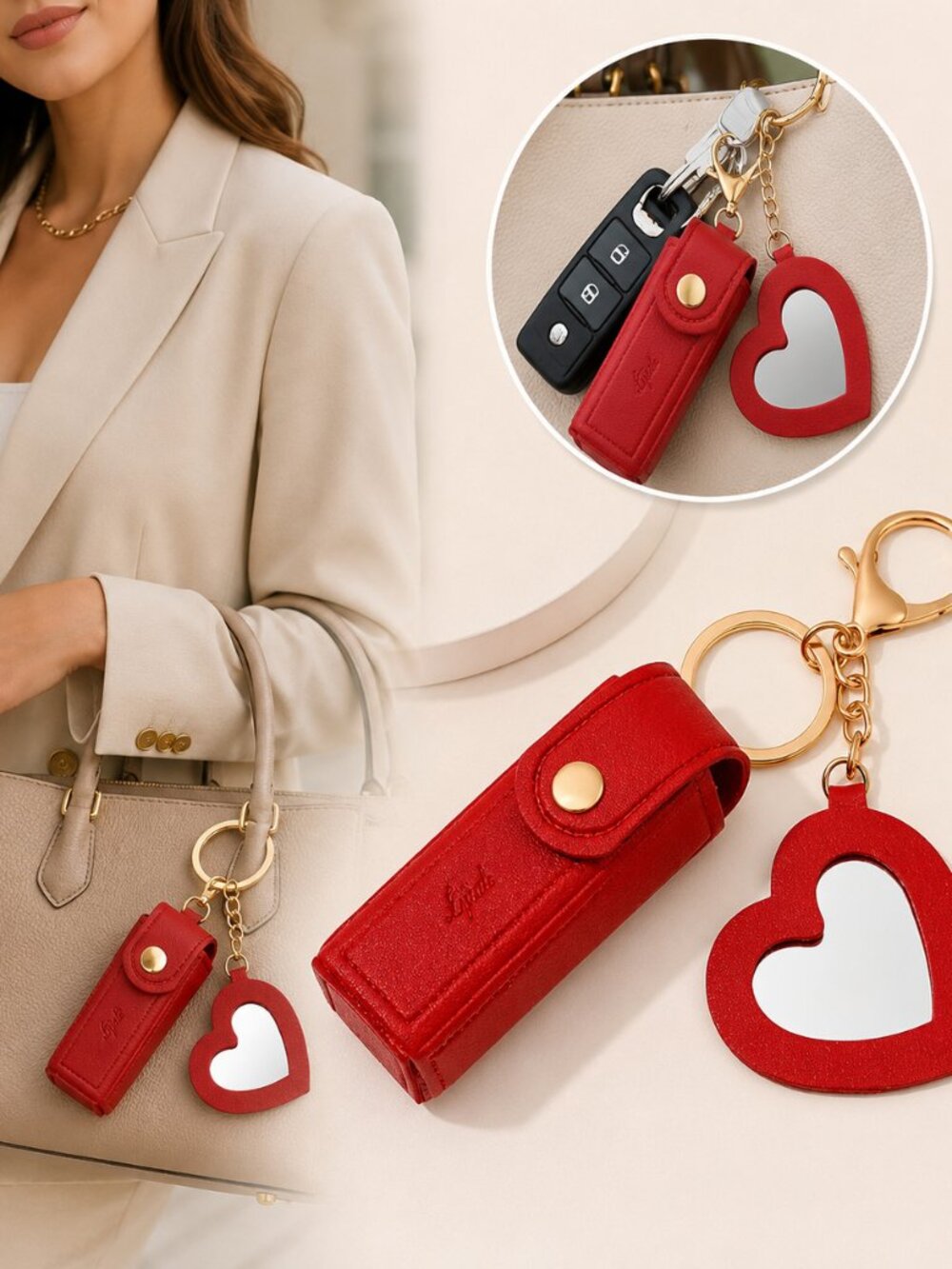 Red Mini Lipstick Holder Keychain Heart Mirror Makeup Bag Charm Cosmetic Case - Picture 3 of 5